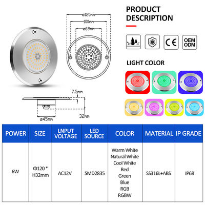RGB Ultra Slim IP68 kolam renang Pencahayaan LED SS316L rumah Tipe terintegrasi SMD2835 6w Lampu tahan air bawah air