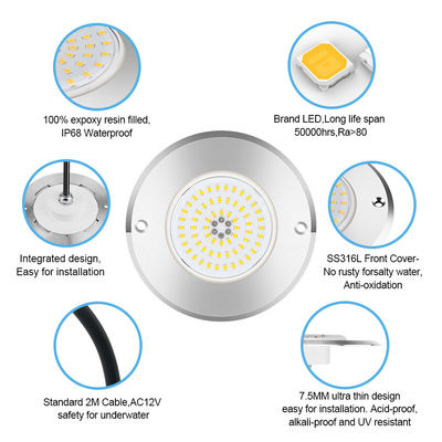 RGB Ultra Slim IP68 kolam renang pencahayaan LED SS316 Rumah Tipe terintegrasi SMD2835 6W