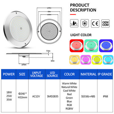SUS316 Tutup Dipasang IP68 DC12V 3000K Lampu kolam LED bawah air SPA
