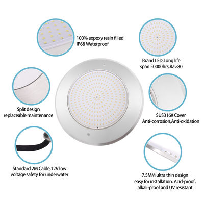Lampu kolam renang tahan air PAR56 LED 316SS Housing Ultra Thin 7.5mm Resin Diisi Dinding Dipasang 230MM 18W 25W DC AC12V