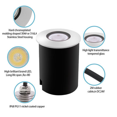 Lampu Kolam Renang Tersembunyi DC12~24V 1W 2W LED Stainless Steel Warna Tunggal Dengan Kotak Hitam ABS