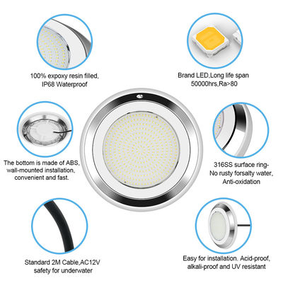 Lampu kolam renang bawah air AC12V Baja tahan karat warna berubah dinding dipasang RGB ø280 * 35mm