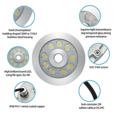 Lampu Air Mancur LED Bawah Air DMX RGB 18W DC24V IP68 Tahan Air Baja Tahan Karat Joyful Partner