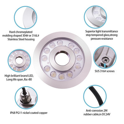 Lampu Bawah Air LED RGB 24V Kontrol DMX Stainless Steel IP68 Air Mancur Bulat 12W 24W 36W