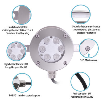DMX512 LED Fountain Light DC24V 12W 3000K Stainless Steel IP68 Untuk Landscape Di bawah Air