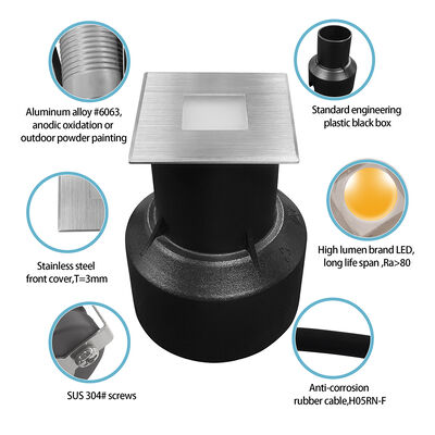 Lampu bawah tanah LED 3W Bentuk persegi 304 atau 316 Baja tahan karat 45*45MM Frame Aluminium Die Cast Body