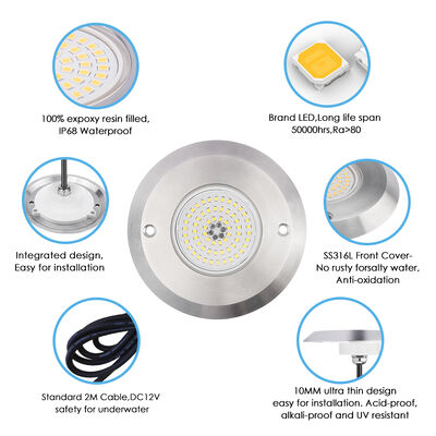 Lampu kolam renang LED DC12V 42W 10MM Ketebalan Integrasi SMD 2835 RGB Warna Mengubah Resin Diisi Dengan Bahan Baja Rustless