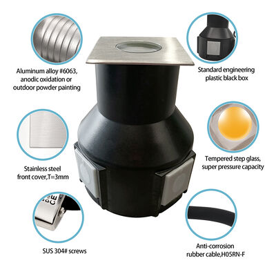 Lampu LED Tanam Sudut Sinar 8 Derajat DC24V 3W 3000K 50*50MM Dengan Bodi Aluminium IP67